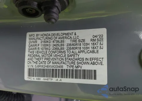 2022 Honda Cr-V Awd Ex-L from USA, damaged, VIN 5J6RW2H8XNA009456